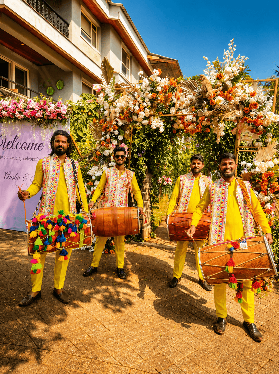 Dhol players ready to lead a daytime Baraat celebration