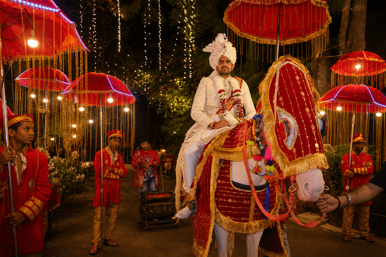 Groom making a royal horse entry beneath illuminated Chhatris